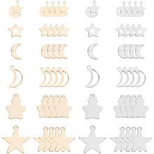 SUNNYCLUE 1 Box 60Pcs 6 Styles Moon Star Charms Bulk Galaxy Theme Hollow Stainless Steel Mini Pentagram Pendants for DIY Jewelry Making Bracelets Crafts Supplies, Golden Silver