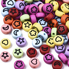 Honeyhandy Opaque Acrylic Beads, with Enamel, Flat Round with Heart & Star & Moon & Flower, Mixed Color, 7x4mm, Hole: 1.5mm