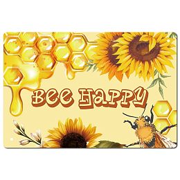 CREATCABIN Bee Happy Sign Sunflowers Metal Tin Signs Vintage Rustic Wall Art Decor Garden House Plaque Poster Artwork Gift for Home Farm Garden Kitchen Coffee Office Garage Decoration 12 x 8Inch