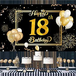 FINGERINSPIRE 71x43 inch Birthday Banners with Hanging Rope Black & Gold 18th Birthday Party Supplies Rectangle Polyester Hanging Sign with Firework Balloon Pattern for Outdoor & Indoor Decor