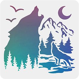 FINGERINSPIRE Wolf Stencils Decoration Template 11.8x11.8 inch Plastic Forest Mountain Moon Drawing Painting Stencils Square Reusable Stencils for Create DIY Wolf Crafts and Decor