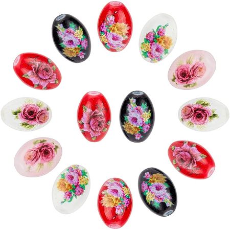 Arricraft 24Pcs 6 Colors Printed & Spray Painted Opaque Glass Beads, Oval with Floral Pattern, Mixed Color, 15x10mm, Hole: 1.6mm, 4pcs/color
