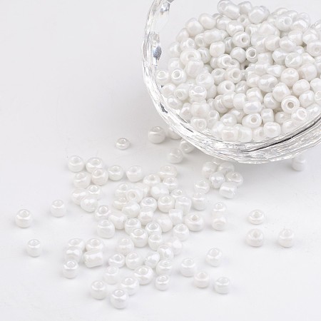 Honeyhandy 6/0 Opaque Colors Lustered Round Glass Seed Beads, White, Size: about 4mm in diameter, hole:1.5mm, about 495pcs/50g