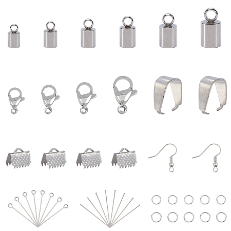 Unicraftale DIY 304 Stainless Steel Finding Kits, include Cord Ends & Lobster Claw Clasps & Open Jump Rings & Eye Pin & Flat Head Pins & Ribbon Crimp Ends & Earring Hooks, Stainless Steel Color, 9x5mm, Hole: 2mm; Inner Diameter: 4mm; 194pcs/box