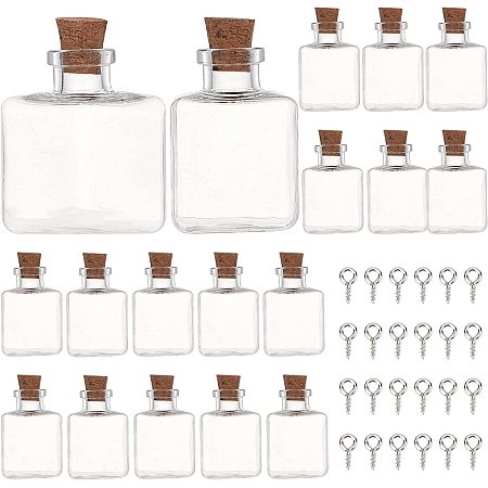 SUNNYCLUE 20Pcs Square Small Wish Bottles Tiny Clear Glass Wishing Bottle Mini Jar Potion with Cork Stopper & 20pcs Eye Pin Peg Bails for Home Party Decor Crafts DIY Jewellery Making