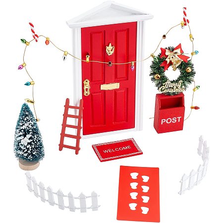 AHANDMAKER Red Elf Door Set Tiny Wooden Tooth Fairy Door with Accessories Red Christmas Festive Fairy Door Set for Fairy Tale Christmas Decor