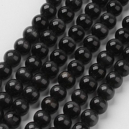 Arricraft Cat Eye Beads, Round, Black, 10mm, Hole: 0.8mm, about 39pcs/strand, 15 inches