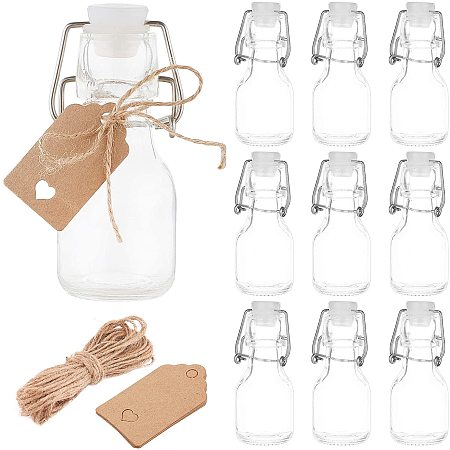 BENECREAT 12 Pack 2oz (60ml) Mini Swing Top Glass Bottles with 20pcs Hang Tags and 1 Bundle Hemp Cord for Wedding Party Favors, Décor