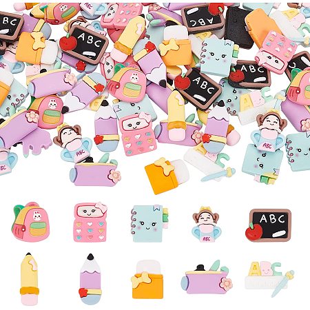 NBEADS 100 Pcs Stationery Theme Opaque Resin Cabochons, 10 Styles Resin Flatback Charms School Theme Slime Resin Charms for Back to School Scrapbooking Ornament DIY Jewelry Making