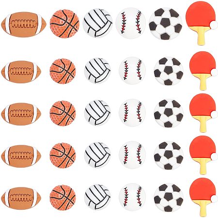 PandaHall Elite 60pcs Sport Ball Resin Cabochons 6 Styles Flatback Resin Charms Basketball Football Baseball Rugby Volleyball Table Tennis Slime Beads for Scrapbook Phone Case Hair Accessory Jewelry