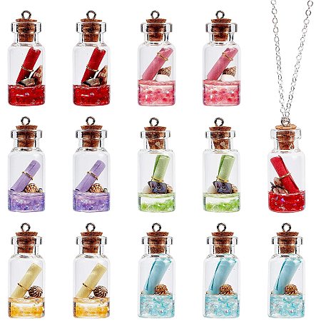 Pandahall Elite 24pcs Wishing Bottle Charms Mini Glass Bottle Charms with Cork Stopper Decorated with Paper Shell for Necklace Bracelet Earring Craft Jewelry Making Supply, 16x36mm