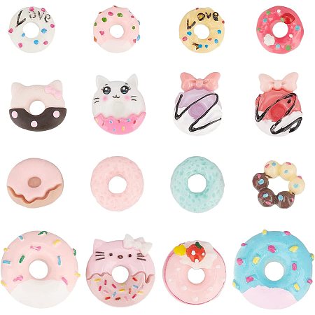 SUNNYCLUE 96Pcs 16 Styles Resin Donut Cabochons Flat Back Cat Shape Donut Cabochon Slime Round Beads for DIY Jewelry Making Scrapbooking Hair Accessory Phone Decorations