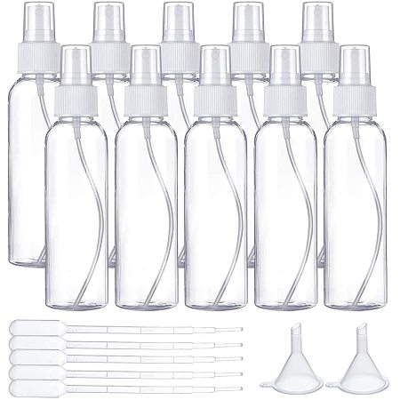 BENECREAT 10 Pack 4oz Empty Plastic Fine Mist Spray Bottles Travel Bottle Set with 1PC Cleaning Brush, 2PCS Funnels, 5PCS 2ml Droppers and 1PC Label for Perfume, Lotion