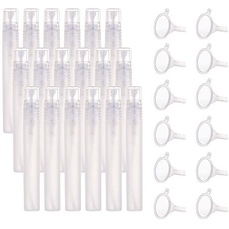 BENECREAT 20 Pack 10ml Mini Frosted Plastic Fine Mist Spray Bottle and 20 Pack Plastic Funnels for Essential Oils Perfumes and Lotion Liquids