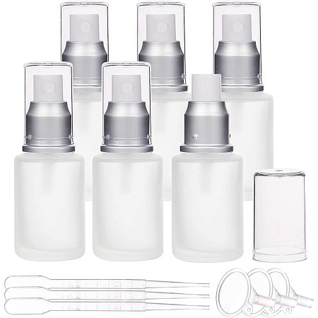BENECREAT 6 Pack 1oz Frosted Glass Spray Bottles Clear Empty Fine Mist Travel Bottle with Silver Atomizer Pump, 6PCS Funnel and 6PCS Dropper for Perfumes Cosmetic Essential Oil