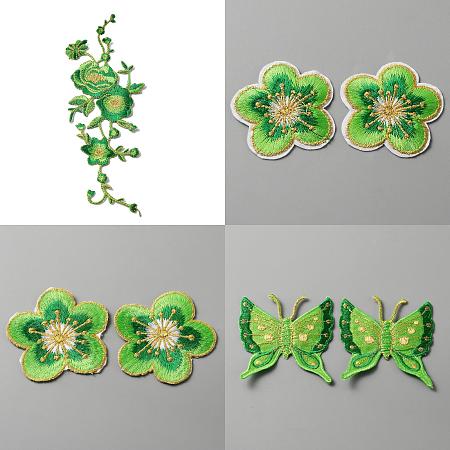 Nbeads 7Pcs 4 Style Embroidered Cloth Patch, Adhesive/Sew on Patches, Costume Accessories, Lime Green, 48~238x48~97x1~2mm