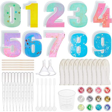 PandaHall Elite Number Resin Silicone Molds Set, Number 0-9 Silicone Molds Plastic Dropper Funnel Hopper Stirring Rod Wooden Craft Sticks Nail Art Sequins/Paillette for Chain Jewelry Craft Making