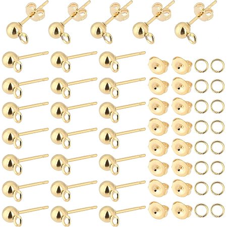 PandaHall Elite 300pcs 18K Gold Ball Post Earring Stud, 100pcs Earring Post with Loop Stainless Steel Earring Components 100pcs Open Jump Rings 100pcs Ear Nuts for DIY Crafts Earring Making