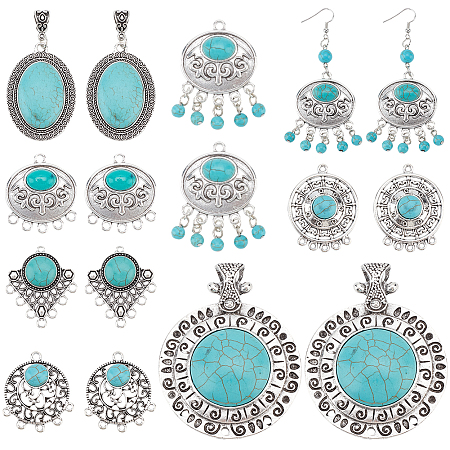 PandaHall Elite 14pcs Synthetic Turquoise Pendants, Tibetan Alloy Charms Retro Big Dangle Charms Oval Gemstones Rock Charms for Jewelry Necklace Bracelet Earring Making Crafts, Antique Silver