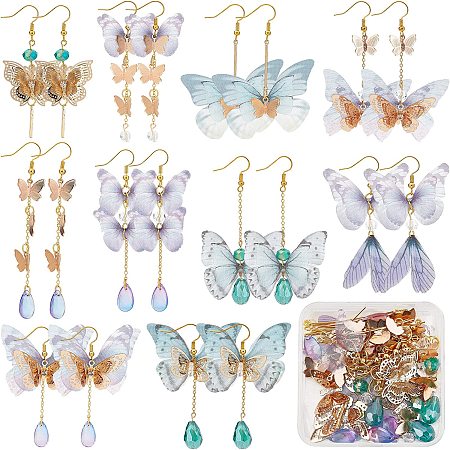 SUNNYCLUE 1 Box DIY 10 Pairs Butterfly Wing Charms Filigree Butterflies Charms Earring Making Starter Kits Fabric Insect Wings Charm Faceted Glass Beads for Jewelry Making Kit Adult Women Craft