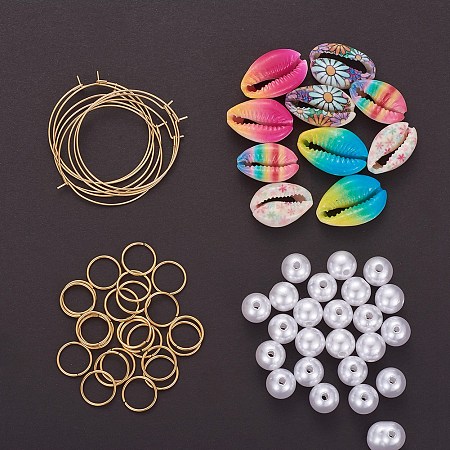 DIY Earring Making, 304 Stainless Steel Hoop Earrings/Jump Rings, Imitation Pearl Acrylic Beads and Spray Paint Cowrie Shell Beads, Colorful, 35x0.7mm