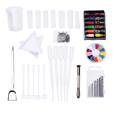 Arricraft DIY Pendant Makings, with Silicone Molds, 304 Stainless Steel Screw Eye Pin Peg Bails & Tweezers, Hand Twist Drill & Micro Drill Bits Set, Nail Art Accessories, Plastic Findings, White, 180x120x58mm
