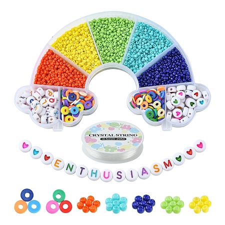 DIY Word Bracelet Making Kit, Including Acrylic Letter & Heart Pattern & Glass Seed & Polymer Clay Disc Beads, Elastic Thread, Mixed Color, Beads: 3632Pcs/box