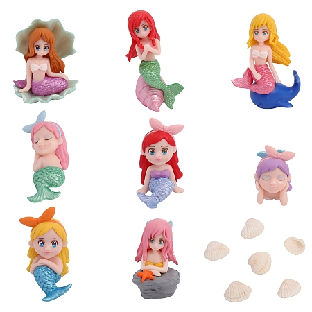 CHGCRAFT 8Pcs 8 Style PVC Mermaid Miniature Figurines, and 1 Bag Natural Shell, for Dollhouse Accesories, Home Decorations, Mixed Color, Mermaid: 37~61.5x27~62.5x22.5~70mm