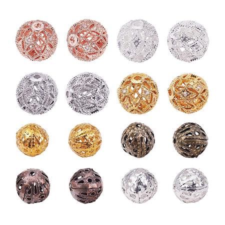 PandaHall Elite 8pcs 4 Color 10mm Brass Cubic Zirconia Beads & 8pcs 4 Color 8mm Iron Round Filigree Beads Hollow Ball Metal Spacer Beads for DIY Necklace Charm Bracelet Jewelry Making