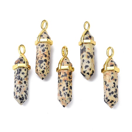 Honeyhandy Natural Dalmatian Jasper Pointed Pendants, with Random Brass Pendant Hexagon Bead Cap Bails, Golden, Bullet, 38.5~40x12~12.5x10~11mm, Hole: 3x4.5mm