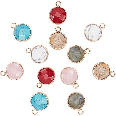 NBEADS 12 Pcs Mixed Stone Pendants Faceted Flat Round Shape, 6 Styles Gemstone Charms, Rock Beads Pendants for Jewelry Making Necklace Bracelets-3/4