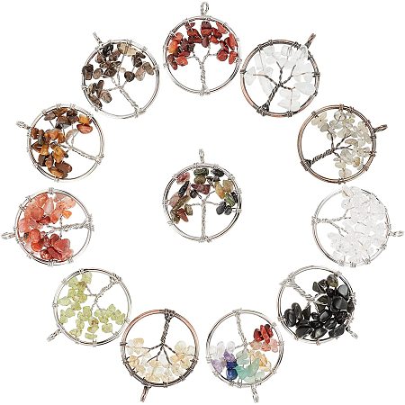 PandaHall Elite 12 Color Tree of Life Pendant Charms Chakra Crystal Stone Pendant Positive Gemstone Pendant Quartz Charms for Necklace Earring Jewelry Making Crafting