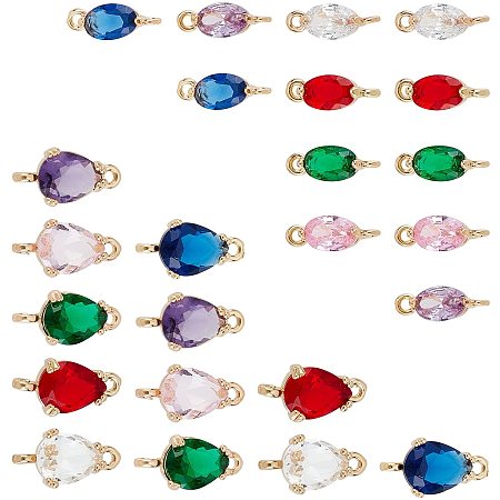 SUNNYCLUE 1 Box 24Pcs 6 Colors Glass Connector Charms Faceted Gemstone Links Pendants Oval Teardrop Shape Gold Plated with Double Brass Loops for Jewelry Making Crafts Supplies