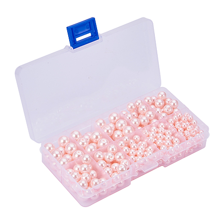 PandaHall Elite Pink Glass Pearl Round Beads 4mm 6mm 8mm 10mm Various Size Mix Lot Box Set with Container Value Pack (about 340 pcs Box Set)