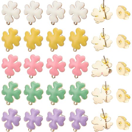 SUNNYCLUE 1 Box 10 Pairs 5 Colors Four Leaf Stud Earrings Colorful Enamel Clover Shamrock Leaves Good Luck Celtic Earring Brass Studs for St. Patrick's Day Man Women Styling Findings
