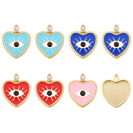 SUPERFINDINGS 8Pcs 4 Colors Evil Eye Charms Brass Cubic Zirconia Pendants Heart CZ Stone Pendants with Enamel Eyes Dangle Charms for Necklace Bracelet Jewelry Making,Hole:2.2x3.6mm