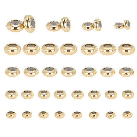 PandaHall Elite 40Pcs 4 Style Brass Beads, with Rubber Inside, Slider Beads, Stopper Beads, Long-Lasting Plated, Rondelle, Real 24K Gold Plated & Stainless Steel Color, 10pcs/style