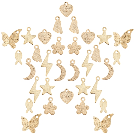 SUNNYCLUE 32Pcs 8 Style Brass Charms, Flower & Star & Foot & Lightning & Moon & Heart & Butterfly & Fish, Real 24K Gold Plated, 4pcs/style