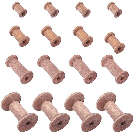 PandaHall Elite 40pcs Wooden Empty Craft Spools 4 Size Wood Empty Thread Spools Tan Wire Weaving Bobbins Vintage Spools for Embroidery Thread, Pom Ribbon, Crafts and Sewing