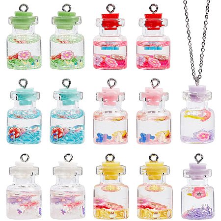 Pandahall Elite 6 Colors Glass Wishing Bottle Charms, 42pcs Flower Glitter Powder Bottle Pendants Colorful Glass Charms for Necklace Earring DIY Crafts Hanging Keychain Bag Decoration