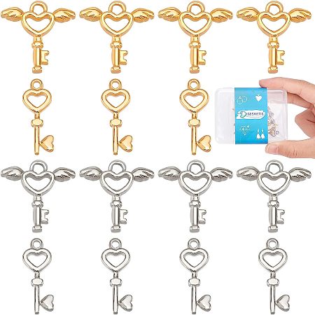 DICOSMETIC 16Pcs 2 Styles Key Heart Charm Pendants 2 Colors Stainless Steel Flying Keys Charms Golden Skeleton Keys Chams for DIY Necklace Jewelry Making Accessory, Hole: 1.5~2.5mm
