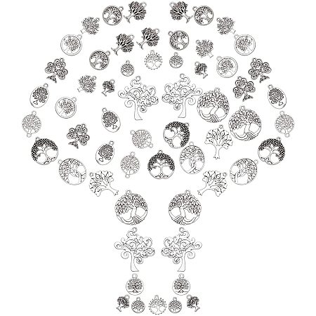 PandaHall Elite 16 Styles Tree Pendant Bulk Assorted Tree of Life Pendants Charms Tibetan Silver Tree Link Connector for Jewelry Making Accessory Wedding Baptism Birthday Christmas Decoration, 64pcs