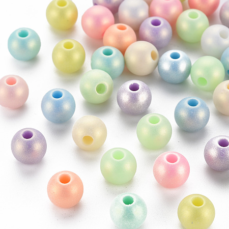 Honeyhandy Spray Painted Opaque Acrylic Beads, Frosted, Round, Mixed Color, 8x7mm, Hole: 2mm