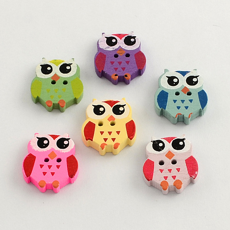 Honeyhandy 2-Hole Dyed Wooden Buttons, Owl, Mixed Color, 20.5x18x4mm, Hole: 1.5mm