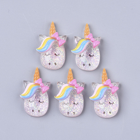 ARRICRAFT Resin Cabochons, with Glitter Sequins, Unicorn, Colorful, 27x16x7mm