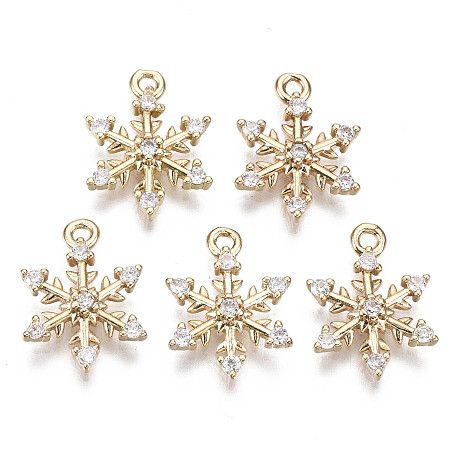 Honeyhandy Brass Micro Pave Cubic Zirconia Charms for Christmas, Long-Lasting Plated, Snowflake, Light Gold, Clear, 14x10.5x2mm, Hole: 1mm