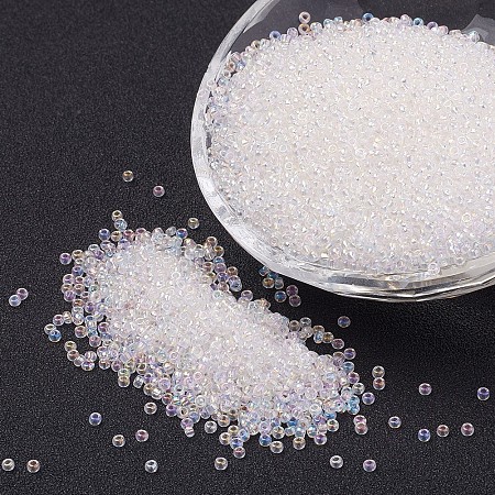 FGB 12/0 Round Glass Seed Beads, Transparent Colours Rainbow, Clear, 2x1mm, Hole: 0.5mm, about 6500pcs/50g