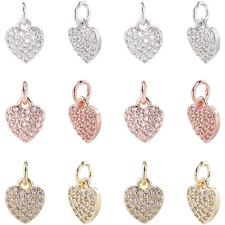 NBEADS 12 Pcs 3 Colors Heart Shape Brass Zirconia Beads Micro Pave Cubic Zirconia Stones Heart Charm Pendant Beads for Jewelry Making