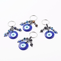 Honeyhandy Flat Round Evil Eye Lampwork Keychain, with Gemstone Beads, Resin Beads and 316 Surgical Stainless Steel Split Key Rings, Hamsa Hand, Blue, 8cm