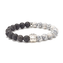 Honeyhandy Synthetic Howlite & Natural Lava Rock Round Beaded Stretch Bracelet with Alloy Paw Print, Gemstone Jewelry for Women, Antique Silver, Inner Diameter: 2 inch(5.1cm)